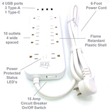 Load image into Gallery viewer, ⚡Heavy Duty 3000-Joule 10-Outlet 4-USB 🔥Fire Safe Surge Protector with outlet saver power cord and USB charge cables
