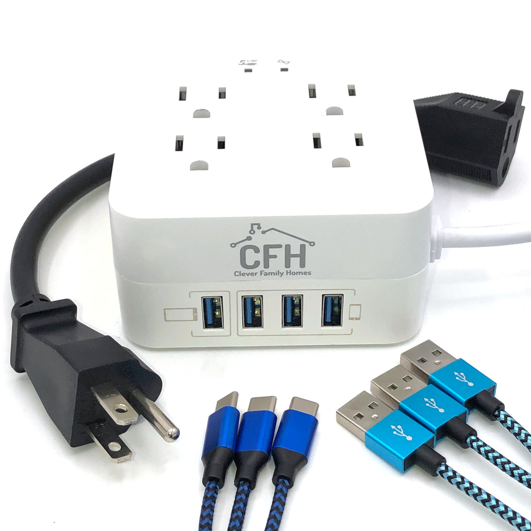 ⚡ 4-Outlet 4-USB 🔥Fire Safe Surge Protector with outlet saver power cord and USB charge cables